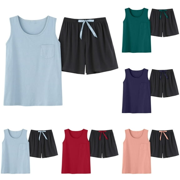 Feancey Womens Plus Size Pajama Sets Soft Casual Pjs Short Set Summer Sleeveless Sleepwear with Shorts Loungwear Two Piece 2025 Fashion Gift Ideas Dark Blue M