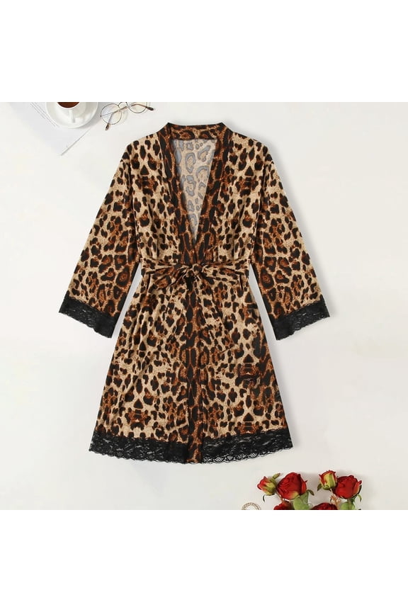 Womens Plus Size Robes Leopard Print Satin Silk Bathrobe Lace Trim Bride Nightgown for Wedding Party Cozy Soft Belted Sleepwear Brown M