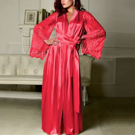Feancey Womens Plus Size Satin Nightgowns Lace Long Sleeve Kimono Bathrobes Soft Silky Wedding Party Sleepshirts Cozy Pajama Robe Red L