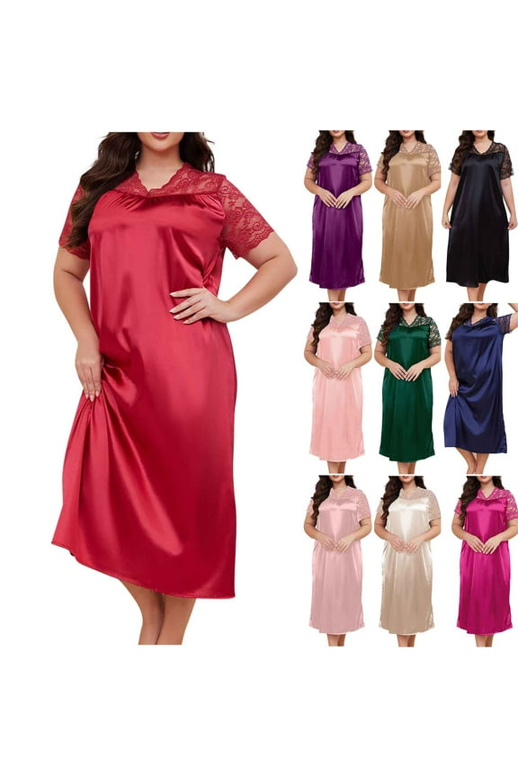 Womens Plus Size Satin Nightgowns Lace Short Sleeve V Neck Sleep Dress Long Casual Soft Silk Nightshirts Cozy Pajama Dresses Hot Pink 4XL