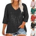 thumbnail image 1 of Feancey Womens Plus Size Sequin Tops Dressy Trendy 3/4 Sleeve V Neck Glitter T-Shirts Loose Fit Elegant Evening Party Blouse Shiny Formal Shirt Red 4XL, 1 of 10
