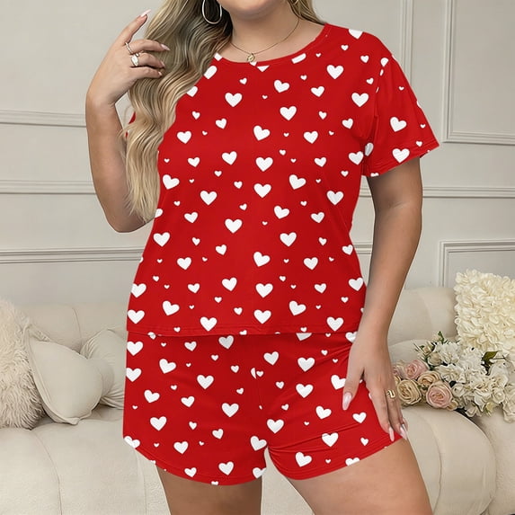 Feancey Womens Plus Size Shorts Sets 2 Piece Outfits Cute Heart Printed Short Sleeve Tops and Shorts Pajama Set Cozy Soft Homewear Outfit Red 3XL