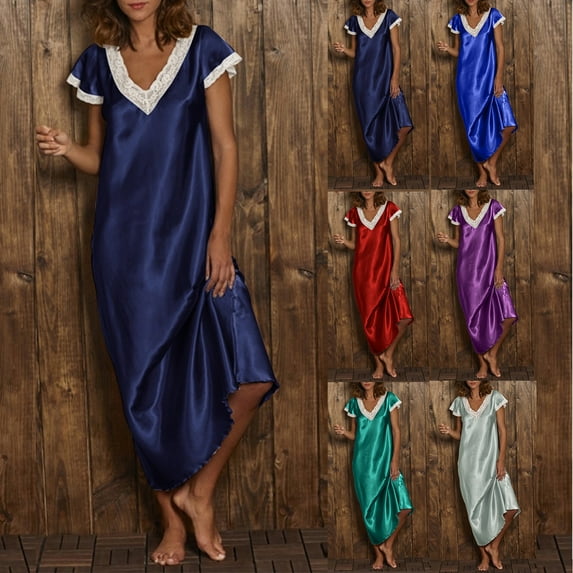 Feancey Womens Plus Size Sleep Dresses Long Lace V Neck Short Sleeve Nightgowns Casual Loose Fit Maxi Dresses Soft Sleepwear,Red,S