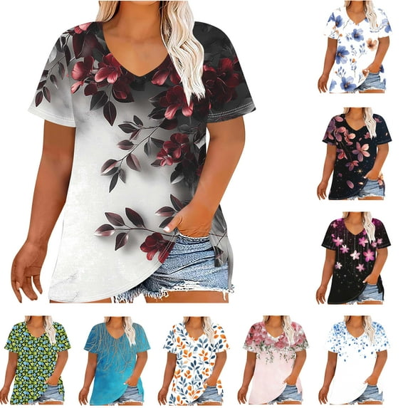 Feancey Womens Plus Size Summer Tops 2025 Business Casual Floral T-Shirts Loose Fit V Neck Short Sleeve Work Blouses for Women Office MulticolorXXL