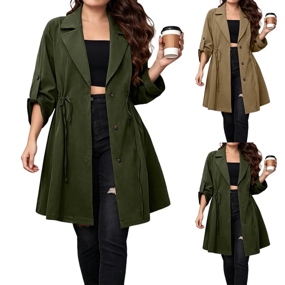 Feancey Womens Plus Size Trench Coat Mid Length Casual Adjustable Drawstring Waist Fall Jackets Roll Up Long Sleeve Single Breasted Lightweight Outerwear Khaki XXL