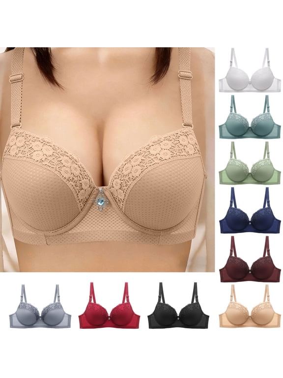 Womens Plus Size Underwire Bras Lace Trim Push Up Bra Breathable Casual Everyday Bra Adjustable Straps Underwear for Large Bust Army Green XL