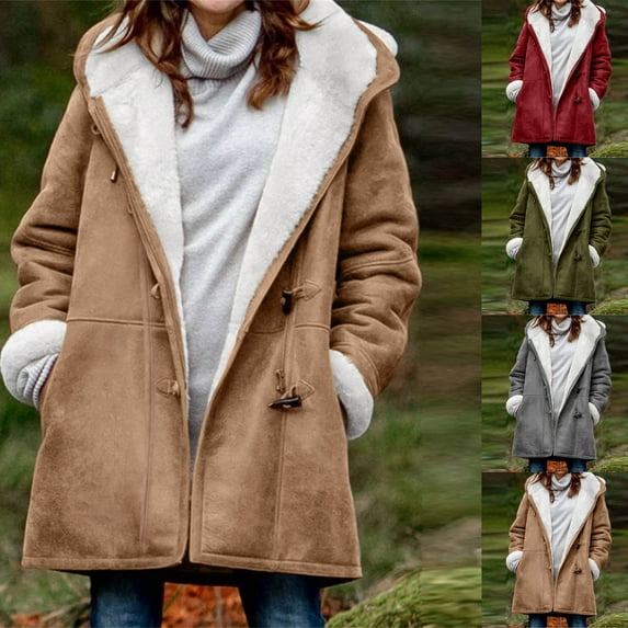 Feancey Womens Plus Size Winter Coats Warm Sherpa Fleece Lined Jackets Hooded Parka Faux Suede Pea Coat Outerwear Army Green XL