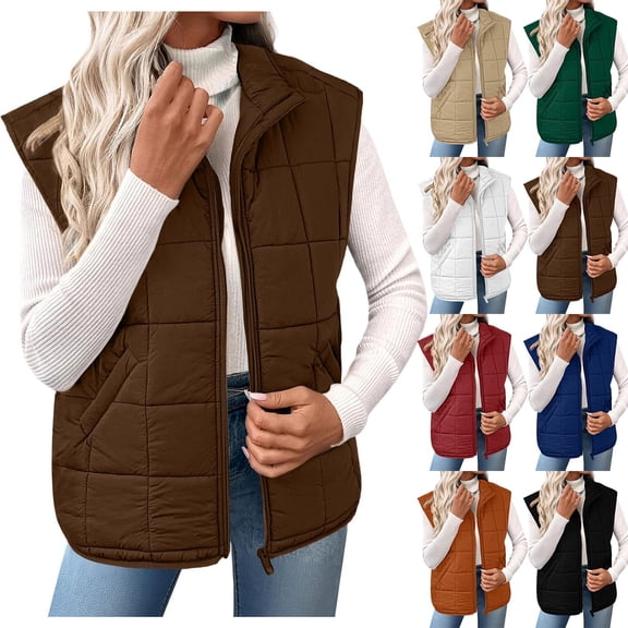 Feancey Womens Puffer Vest Zip Up Sleeveless Quilted Jackets Fall Fashion Travel Outfits Lightweight Casual Padded Waistcoat with Pockets Coffee S