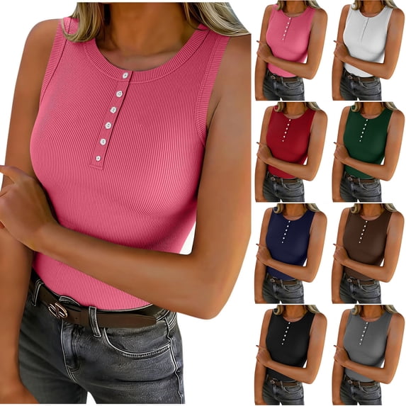 Feancey Womens Ribbed Henley Tank Tops Sleeveless Button Down Casual Fitted Cami Tops for Layering Summer T Shirts Green L