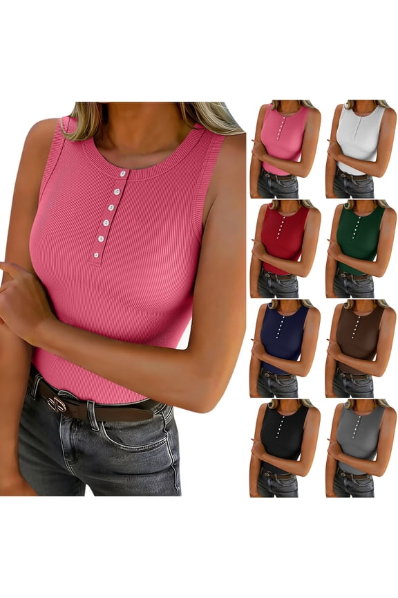 Womens Ribbed Henley Tank Tops Sleeveless Button Down Casual Fitted Cami Tops for Layering Summer T Shirts Hot Pink XXL