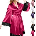 thumbnail image 1 of Feancey Womens Satin Kimono Robes Lace Trim Long Sleeve Bride Party Bathrobe Soft Silky Sleepwear Robe Knee Length Casual Short Nightgowns Silver L, 1 of 3