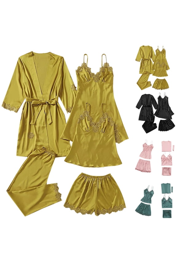 Womens Satin Pajama Sets 5 Piece Cute Pjs Set Lace Trim Cami and Shorts Matching Sets Silk Nightgowns Pants Robes Lounge Sleepwear Outfits Fun Gifts Yellow M
