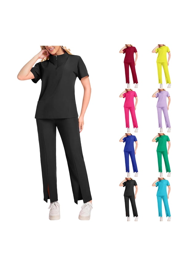 Womens Scrub Sets Half Zip Stand Collar Scrubs Tops and Split Wide Leg Pants Suits Nurse Casual Medical Uniform Outfits with Pockets Yellow XXL