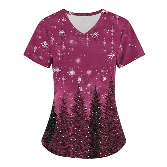 Feancey Womens Scrub Tops Printed Christmas Stretchy V-neck Short Sleeve Nursing Uniforms Novelty Xmas Tree Graphic Scrubs with Pockets Multicolor4 M