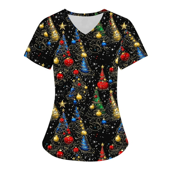 Feancey Womens Scrub Tops Printed Christmas Stretchy V-neck Short Sleeve Nursing Uniforms Novelty Xmas Tree Graphic Scrubs with Pockets Multicolor6 L