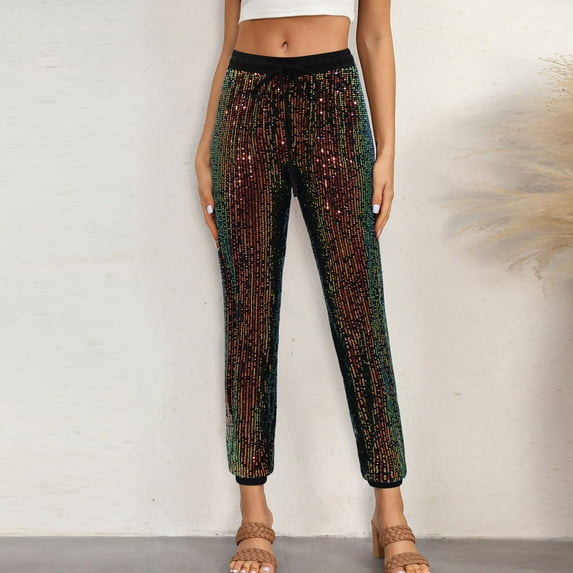 Feancey Womens Sequin Pants Elastic High Waisted Sparkly Pants Cinch Bottom Shiny Dance Pants Bling Night Out Party Clubwear Black XL