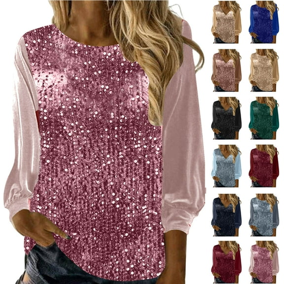 Feancey Womens Sequin Velvet Tops Sparkly Long Sleeve Party Blouse Loose Fit Round Neck Glitter T-Shirts Dressy Trendy Going Out Blouses Holiday Outfits Blue L
