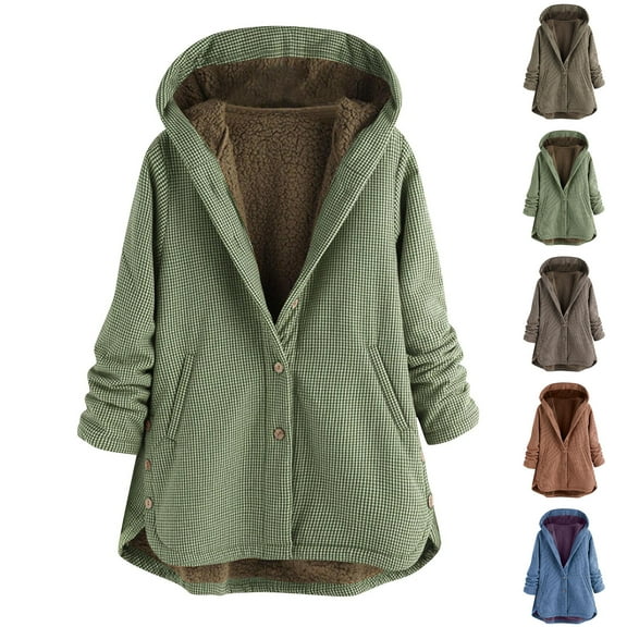 Feancey Womens Sherpa Lined Coats Winter Warm Button Down Plaid Fleece Thicken Hooded Jackets Long Sleeve Casual Outerwear with Pockets Black XXL