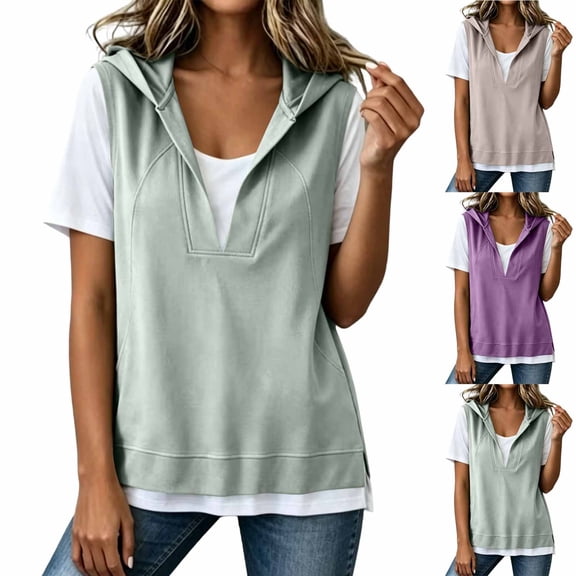 Feancey Womens Short Sleeve Hoodie Sweatshirts 2 In 1 V Neck Side Split Pullover Tops Color Block Casual Lightweight Hooded Sweatshirt for Office Daily Wear Green L