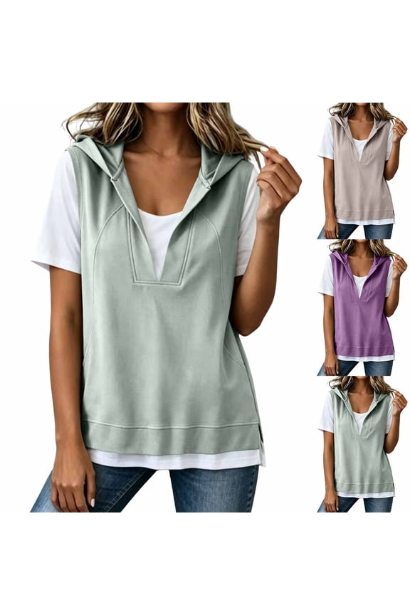 Womens Short Sleeve Hoodie Sweatshirts 2 In 1 V Neck Side Split Pullover Tops Color Block Casual Lightweight Hooded Sweatshirt for Office Daily Wear Green 3XL