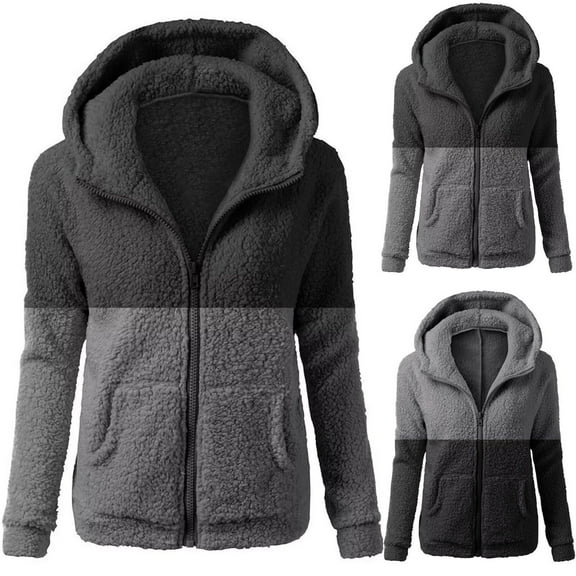 Feancey Womens Slim Fit Fleece Jacket Hooded Full Zip Up Coats Comfy Loose Sherpa Hoodies Fall Lightweight Fuzzy Jackets with Pockets Lighten Black M
