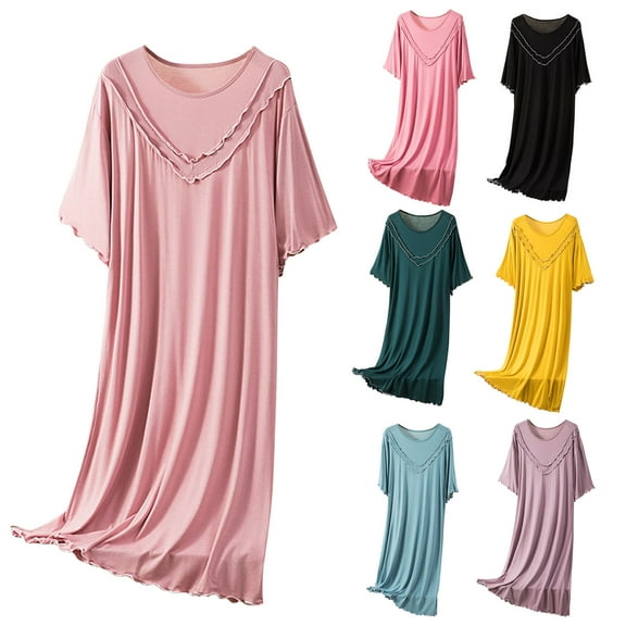 Feancey Womens Soft Cotton Nightgowns Pleated Casual Short Sleeve Sleep Dress Solid Color Loose Modal Nightdress Soft Loungewear Sales Today Purple XXL