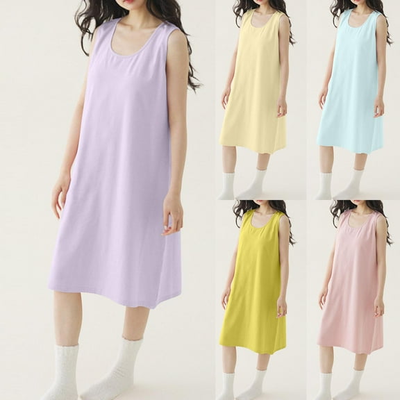 Feancey Womens Soft Cotton Nightgowns Scoop Neck Sleeveless Sleep Dress Solid Casual Loose Nightshirts Cozy Lounge Sleepwear Midi Dresses Light Blue XXL