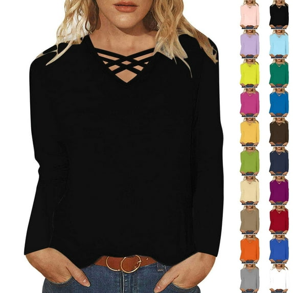 Feancey Womens Solid Color Long Sleeve Tops Fashion Hollow Out V-Neck Loose Blouses Dressy Casual Tunics Fall Plus Size T-Shirts Light Blue 5XL