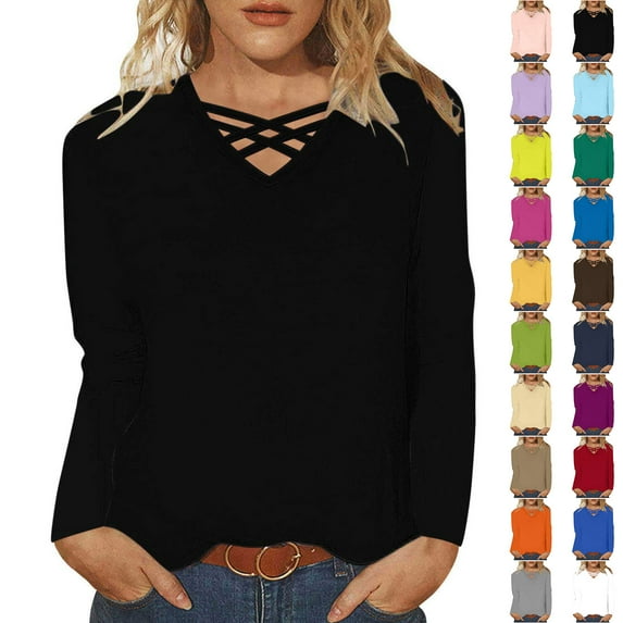 Feancey Womens Solid Long Sleeve Tops Fashion Crossover V Neck Blouses Dressy Casual Loose Tunics Fall Comfy Soft T Shirts Blue S