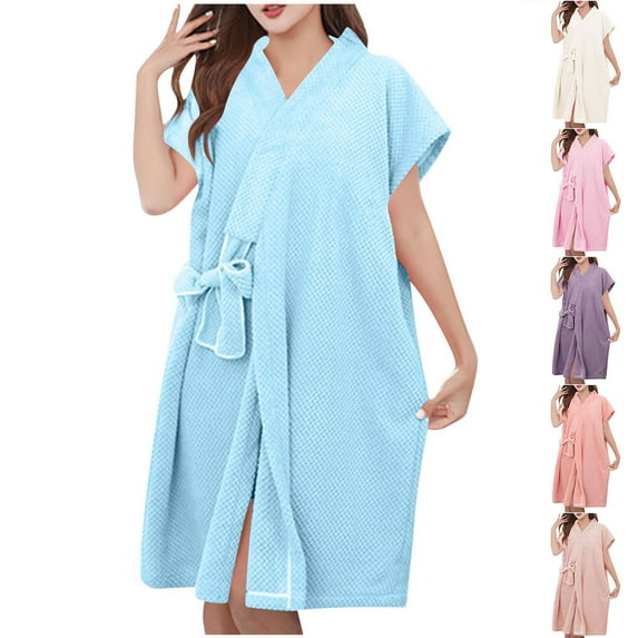 Feancey Womens Spa Robes Fleece Quick Dry Bathrobe Short Sleeve Knee Length Nightgowns Solid Casual Loose Housecoat with Belt Beige Free Size