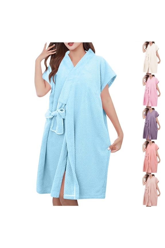 Womens Spa Robes Fleece Quick Dry Bathrobe Short Sleeve Knee Length Nightgowns Solid Casual Loose Housecoat with Belt Khaki Free Size