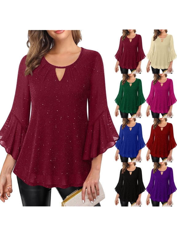 Womens Sparkly Tops Dressy Ruffle 3/4 Sleeve Keyhole Neck Blouses Glitter Cocktail Party Evening Shirts Spring Fashion Clothes Black S
