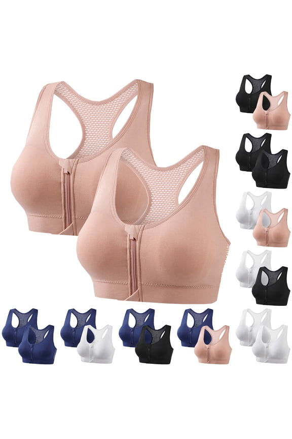 Womens Sports Bra 2 Pack Zipper Front Closure Bras Breathable Quick Dry Racerback Bra No Underwire Casual Yoga Workout Bras Gray XL