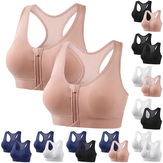 Feancey Womens Sports Bra 2 Pack Zipper Front Closure Bras Breathable Quick Dry Racerback Bra No Underwire Casual Yoga Workout Bras Navy L