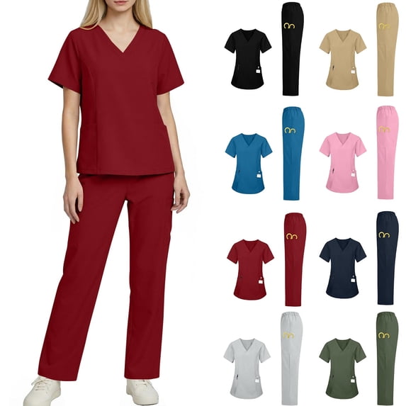 Feancey Womens Stretchy Scrub Sets Short Sleeve V Neck Tops Loose Fit Straight Leg Cargo Pants Workwear Set Solid Color Nurse Uniforms with Pockets Red XXL