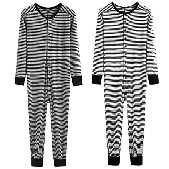 Feancey Womens Striped Pjs Onesie Casual Stretch Slim Fit One Piece Pajamas Long Sleeve Button Bodysuit Fall Comfy Soft Union Suit,Gray,S