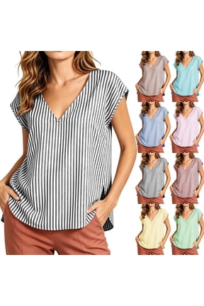 Womens Striped T-Shirts Side Split Casual Loose Fit Tops V Neck Short Sleeve Lightweight Summer Tees Dressy Trendy Going Out Tunic Blouse Blue L