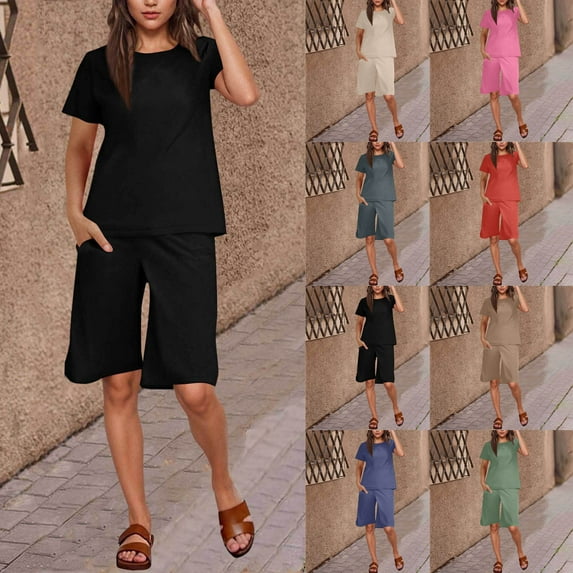 Feancey Womens Summer 2 Piece Outfits Linen Casual Pajama Sets Solid Color Short Sleeve Top and Knee Length Shorts Sleepwear Two Piece Set with Pockets Khaki XXL