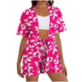 thumbnail image 1 of Feancey Womens Summer 2 Piece Sets Tropical Palm Tree Printed Short Sleeve Shirt Beach Shorts Lounge Set Lightweight Casual Travel Outfits with Pockets Hot Pink L, 1 of 7