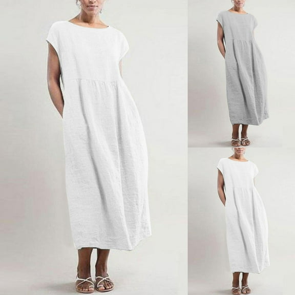 Feancey Womens Summer Dresses Long Round Neck Short Sleeve Beach Dresses Flowy Pleated Loose Fit Maxi Dresses 2025 Casual Plus Size Dress with Pockets Daily Sales