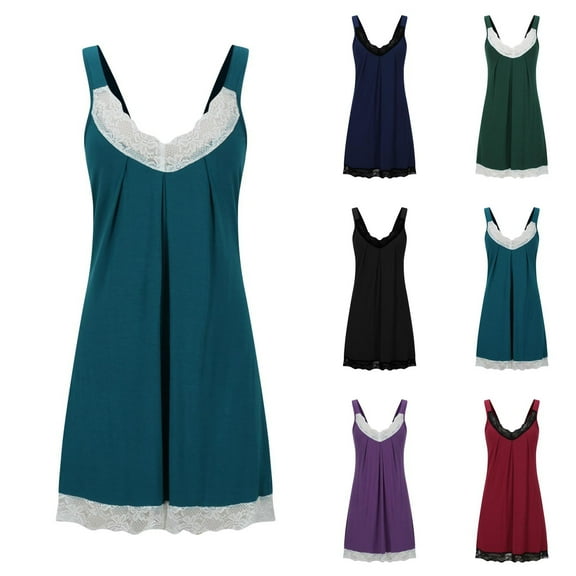 Feancey Womens Summer Nightgowns Lace V Neck Night Dresses Front Pleated Sleeveless Sleep Dress Solid Color Soft Nightshirts Loungewear Funny Gift Black XXL