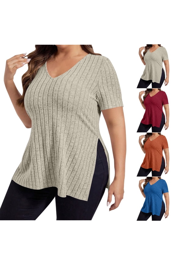 Womens Summer Oversized T Shirts Side Split Ribbed V Neck Tees Gym Workout Casual Plus Size T-Shirts Gifts for Mom Blue XXL