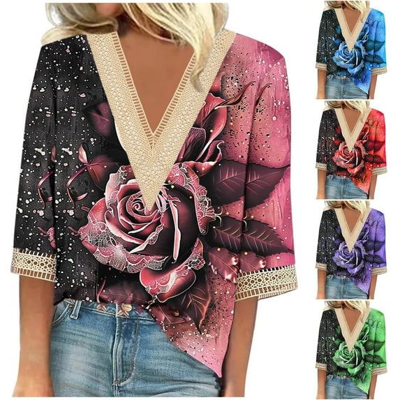 Feancey Womens Summer Tops 2025 3/4 Sleeve Floral Print Blouses Trendy Lace V Neck Dressy Tops Casual Loose Vacation Shirts Daily Sales,Red,S