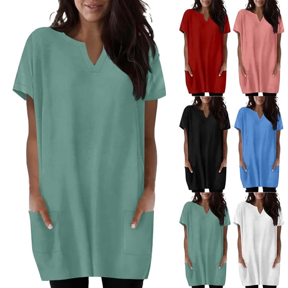 Feancey Womens Summer Tunic Tops for Leggings Short Sleeve Long T-Shirts Comfy Loose Blouse Solid Color Casual Daily Wear Tees with Pockets
