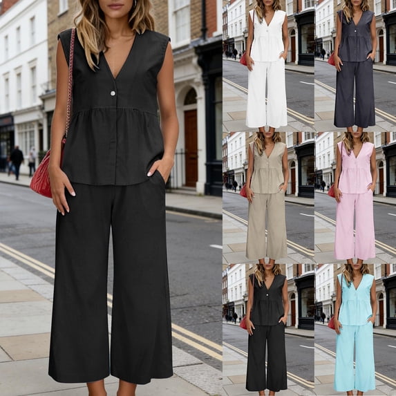 Feancey Womens Summer Two Piece Set Sleeveless V Neck Peplum Vest Wide Leg Pants Suits Dressy Casual Work Outfits Trendy Going Out Vacation Sets Black L