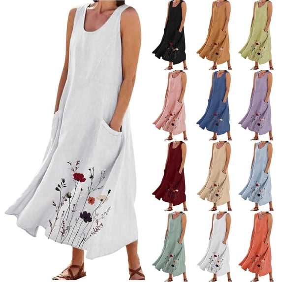 Feancey Womens Sundresses Casual Floral Printed Linen Dress Summer Sleeveless Loose Maxi Dresses Flowy Beach Vacation Tank Dress with Pockets Brown XXL
