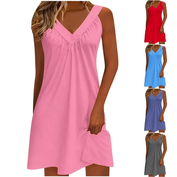 Feancey Womens Tank Dresses Summer Casual Ruched V Neck Sleeveless T-Shirt Dress Cozy Casual Mini Sundresses Solid Color Beach Vacation Dress Red M