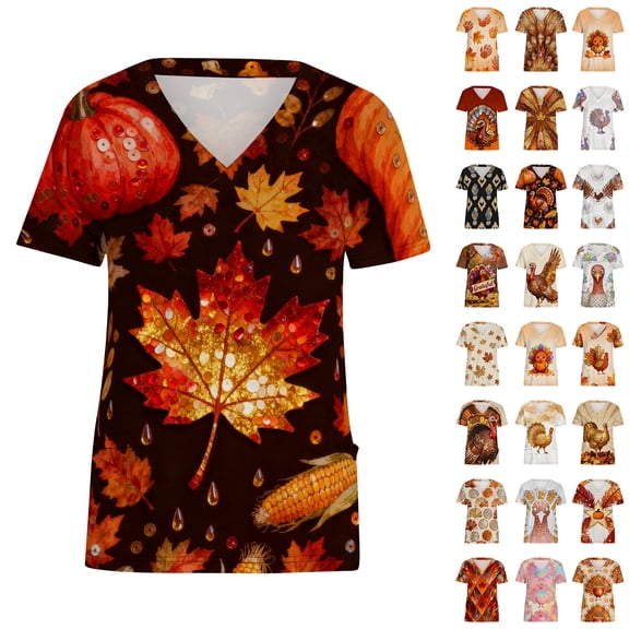 Feancey Womens Thanksgiving Scrubs Short Sleeve V Neck Nursing Tops Holiday Casual Turkey Print Scrub Shirt Comfy Loose Working T-Shirt with Pockets Multicolor M