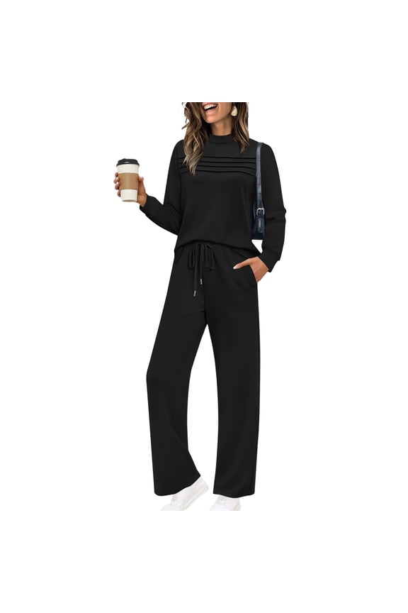 Womens Travel Outfits for Airplane 2 Piece Lounge Sets Front Pleated Long Sleeve Shirt Wide Leg Pants Sweatsuit Set with Pockets Black XL