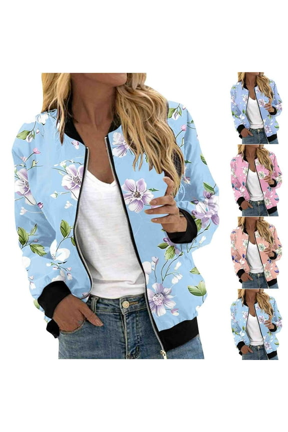 Womens Trendy Bomber Jacket Lightweight Casual Floral Print Zip up Jackets Coat Outdoor Windproof Moto Jackets Fall Plus Size Outerwear with Pockets Light Blue XXL